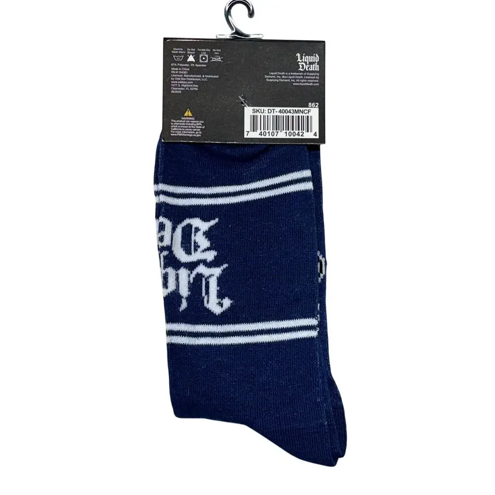 Liquid Death Crew Socks Fits Mens 6-12 Navy White Novelty Print 1 Pair NWT